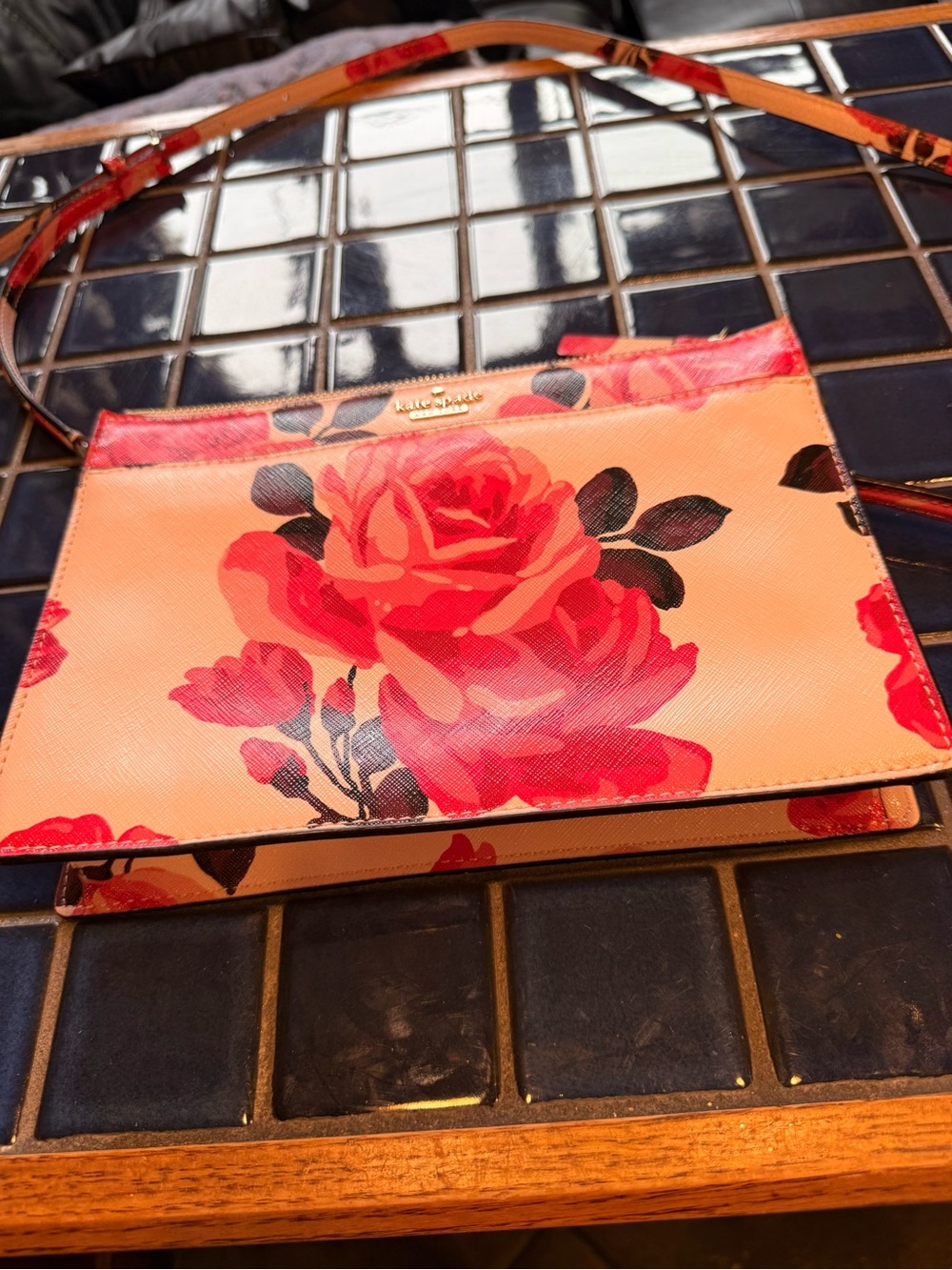 kate spade Coral Pink Floral Crossbody with Red Rose Print